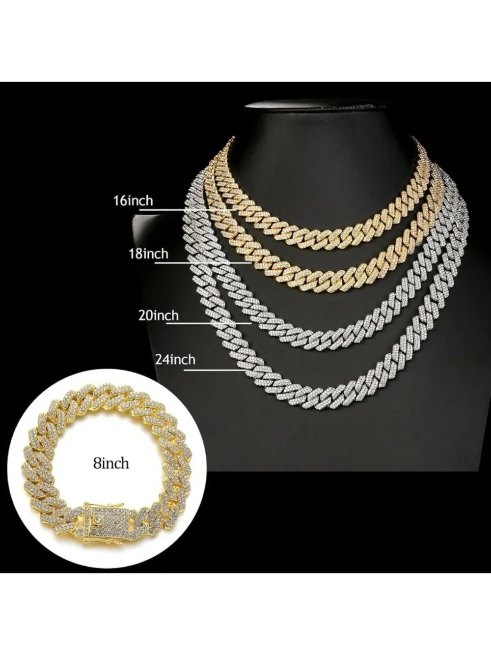 2-Piece Iced Out Cuban Link Chain Necklace & Bracelet Set - Silver Hip Hop